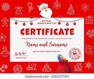 Christmas Santa certificate. Vector diploma template with Father Noel character, garland and xmas icons snowflake, bell, candy cane or pine tree. Gift, socks, sleigh and gingerbread house or snowman