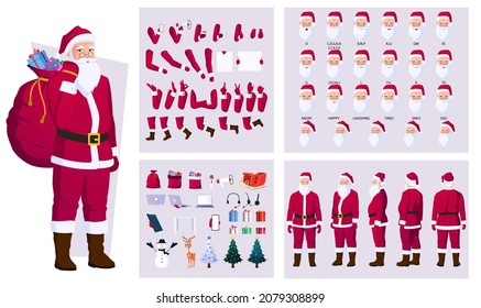 Juego de Animación Face y Creación de Caracteres Santa de Navidad con ciervo, muñeco de nieve, árbol, regalos, trineo y archivo vector de acciones diferentes