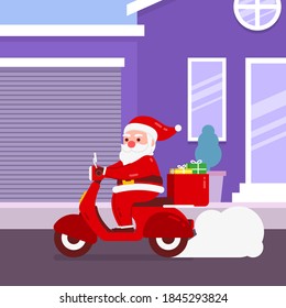 Christmas Santa Character deliver gift box by riding a motorcycle With Background Flat Design Illustration