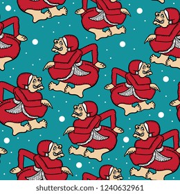Christmas Santa character seamless pattern with Japanese puppet style red and blue color vector illustration