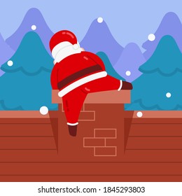 Christmas Santa Character Try To Climb Up The Chimney With Snow And Winter Forest Background Flat Design Illustration