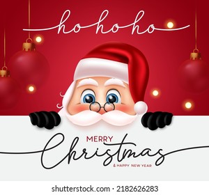 Christmas santa character vector design. Christmas santa claus character holding white board element with merry christmas greeting messages for holiday season. Vector illustration.
