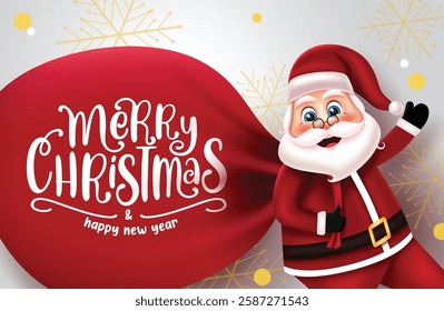 Christmas Santa character vector design. Merry Christmas greeting text in red sack pulling by Santa Claus character for xmas holiday season gift giving celebration. Vector illustration.
