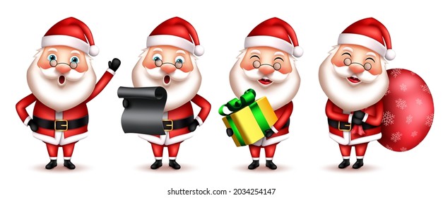 Juego de vectores de caracteres de santa de Navidad. Los personajes de navidad Santa claus 3d con elementos de regalo, carta y saco de pie y agitando pose para el regalo de vacaciones felices. Ilustración vectorial.
