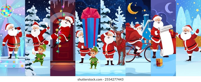 Christmas Santa characters collage for winter holiday, vector cartoon background. Funny Santa on bicycle with gifts, singing and skating on ice rink with elf and reindeer for Christmas holiday collage