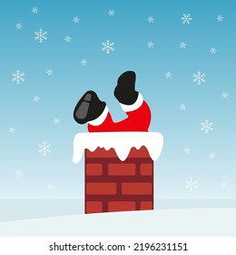 Christmas. Santa in the chimney. Winter, snow. Vector graphics in cartoon flat style