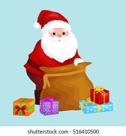 christmas Santa Claus with bag full of presents for winter holiday xmass, new year gifts vector illustration