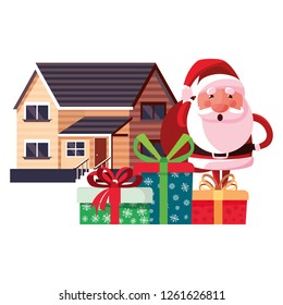 christmas santa claus with bag gifts house