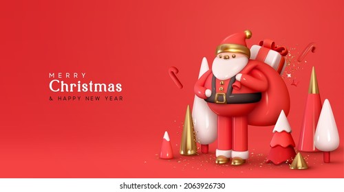 Christmas Santa Claus with bag of gifts box. Realistic 3d cartoon character. Happy New Year and Merry Christmas. Holiday card, red banner, web poster. Vector illustration