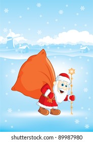 Christmas Santa Claus with a bag of gifts in the village