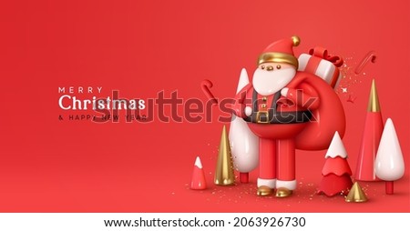 Christmas Santa Claus with bag of gifts box. Realistic 3d cartoon character. Happy New Year and Merry Christmas. Holiday card, red banner, web poster. Vector illustration