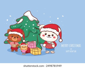 Christmas santa claus bear with the Gift box. Illustration vector premium.