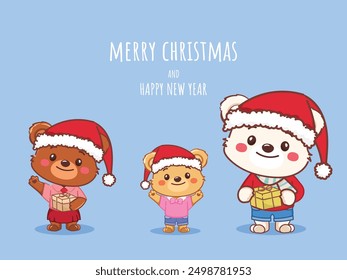 Christmas santa claus bear with the Gift box. Illustration vector premium.