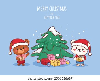 Christmas santa claus bear with the Gift box. Illustration vector premium.