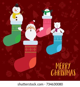 Christmas santa claus bear and snowman in sock vector