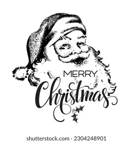 Christmas Santa Claus Black and white with Merry Christmas Wordings- Christmas Black and white Vector Illustration