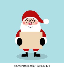 Christmas Santa Claus with blank sheet of paper on blue background