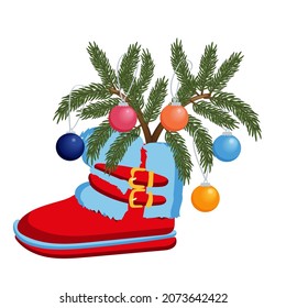 Christmas Santa Claus boot with christmas tree and ball 