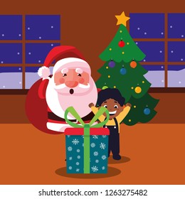 christmas santa claus with boy and gift box