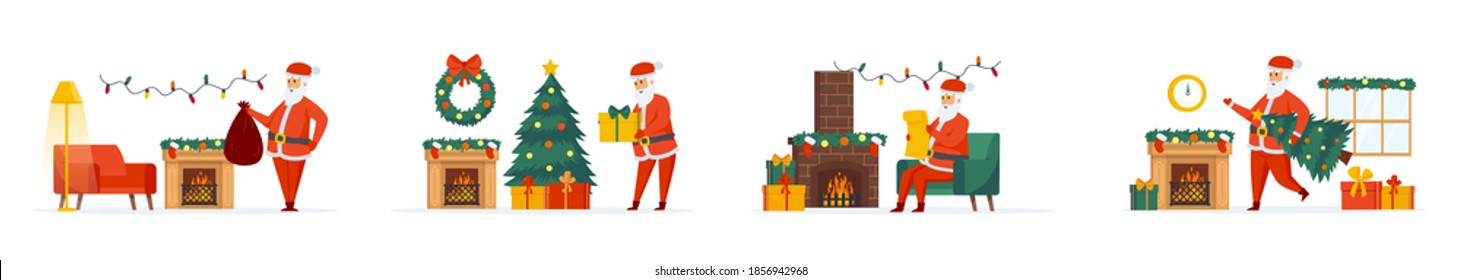 Navidad Santa Claus rebosa de escenas con personajes llanos. Santa Claus leyendo la lista de deseos y presentando situaciones de regalos. Feliz Navidad y Feliz Año Nuevo ilustración vectorial de caricatura