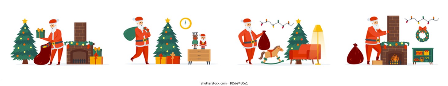 Christmas Santa Claus bundle of scenes with flat people characters. Santa Claus reading wish list and presenting gifts situations. Merry Xmas and Happy New Year celebration cartoon vector illustration