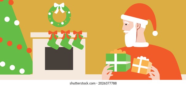 Christmas santa claus by the fireplace. Flat vector stock illustration. Santa claus with gifts. Horizontal banner. Christmas tree and decor. Santa as a symbol of the new year. Christmas illustration