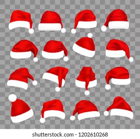 Christmas Santa Claus caps set, vector illustration. Isolated over transparent background. Realistic Santa’s hat for xmas festive cards, web, print, banners, etc