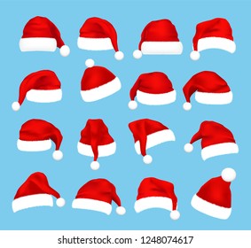 Christmas Santa Claus caps set, vector illustration. Isolated over transparent background. Realistic Santa’s hat for xmas festive cards, web, print, banners, etc