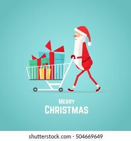 Christmas Santa Claus carrying gifts in trolley. Santa Claus Cartoon Character. Christmas card with Santa Claus.