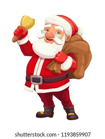 Christmas Santa Claus cartoon character with bag of presents and gifts, red suit, hat and golden bell. Xmas and New Year winter holidays vector design for greeting card or festive postcard