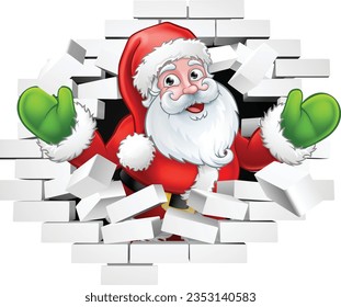 A Christmas Santa Claus cartoon character breaking through a brick wall

