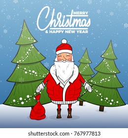 Christmas. Santa Claus cartoon character on winter snow background. Merry Christmas and Happy New Year lettering.