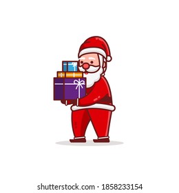 Christmas Santa Claus Cartoon Characters with hands full of gift boxes. Flat Design Vector Illustration