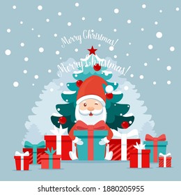 Christmas Santa Claus Cartoon. Merry Christmas and happy new year greeting card. Vector Illustration