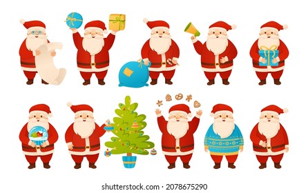 Christmas Santa Claus cartoon set. Funny character with xmas tree, gift box, cookies and bag. Happy New Year congratulation design for xmas postcard, banner, advertisement, flyer, leaflet vector