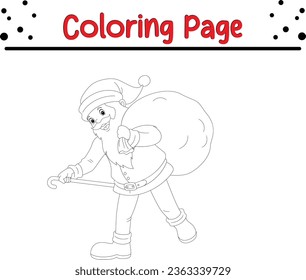 Christmas Santa Claus character coloring page for kids. Vector black and white illustration on white background.