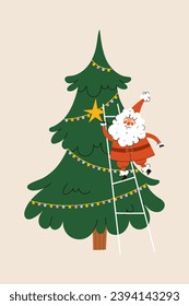 Christmas Santa Claus character. Cute Santa decorating Christmas tree. Vector flat cartoon illustration.