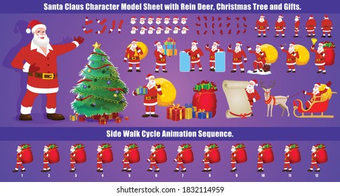 Christmas Santa Claus Character Design Model Sheet with walk cycle and run cycle animation.  Character design of Front, side, back view and explainer animation poses. Character set with lip sync