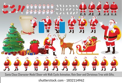 Christmas Santa Claus Character Design Model Sheet With Walk Cycle And Run Cycle Animation.  Character Design Of Front, Side, Back View And Explainer Animation Poses. Character Set With Lip Sync