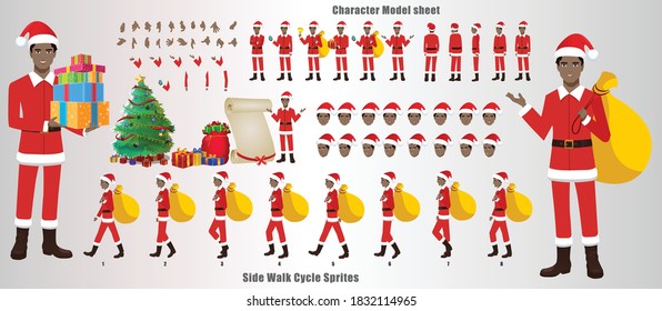 Christmas Santa Claus Character Design Model Sheet With Walk Cycle And Run Cycle Animation.  Character Design Of Front, Side, Back View And Explainer Animation Poses. Character Set With Lip Sync