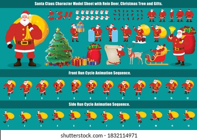 Christmas Santa Claus Character Design Model Sheet With Walk Cycle And Run Cycle Animation.  Character Design Of Front, Side, Back View And Explainer Animation Poses. Character Set With Lip Sync