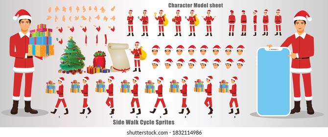 Christmas Santa Claus Character Design Model Sheet With Walk Cycle And Run Cycle Animation.  Character Design Of Front, Side, Back View And Explainer Animation Poses. Character Set With Lip Sync