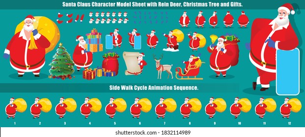 Christmas Santa Claus Character Design Model Sheet With Walk Cycle And Run Cycle Animation.  Character Design Of Front, Side, Back View And Explainer Animation Poses. Character Set With Lip Sync