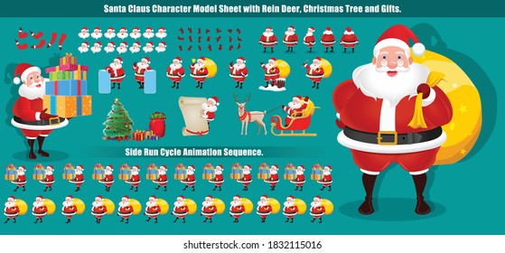 Christmas Santa Claus Character Design Model Sheet With Walk Cycle And Run Cycle Animation.  Character Design Of Front, Side, Back View And Explainer Animation Poses. Character Set With Lip Sync