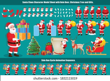 Christmas Santa Claus Character Design Model Sheet With Walk Cycle And Run Cycle Animation.  Character Design Of Front, Side, Back View And Explainer Animation Poses. Character Set With Lip Sync