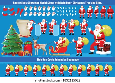 Christmas Santa Claus Character Design Model Sheet with walk cycle and run cycle animation.  Character design of Front, side, back view and explainer animation poses. Character set with lip sync