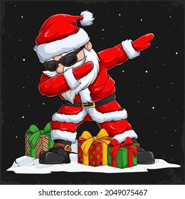 Christmas Santa Claus character doing dabbing dance with sunglasses and gifts on his sides