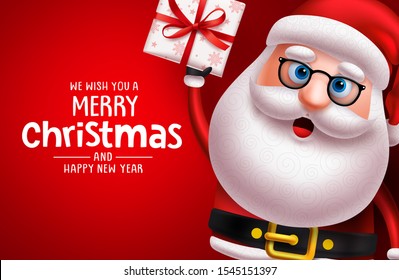  Christmas santa claus character vector banner template. Merry christmas greeting text with santa claus 3d realistic character holding xmas gift and empty space for messages in red background.