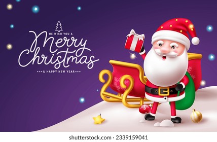 Christmas santa claus character vector design. Merry christmas and happy new year greeting text with santa claus giving gift and holding sack concept. Vector illustration holiday season xmas backgroun