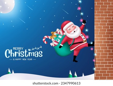 Christmas santa claus character vector design. Santa claus character in wall climbing  with sack of gifts for winter snow evening background. Vector illustration greeting card seasonal design.
